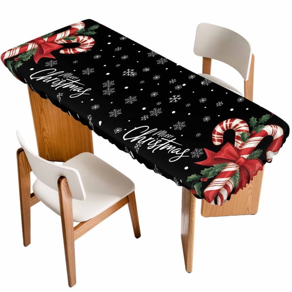 Christmas Candy Table Cloths for 8 Foot Rectangle Tables, Xmas Berry Snowflake Black Patio Waterproof Elastic Fitted Tablecloths, Washable Rectangular Table Cover for Camping