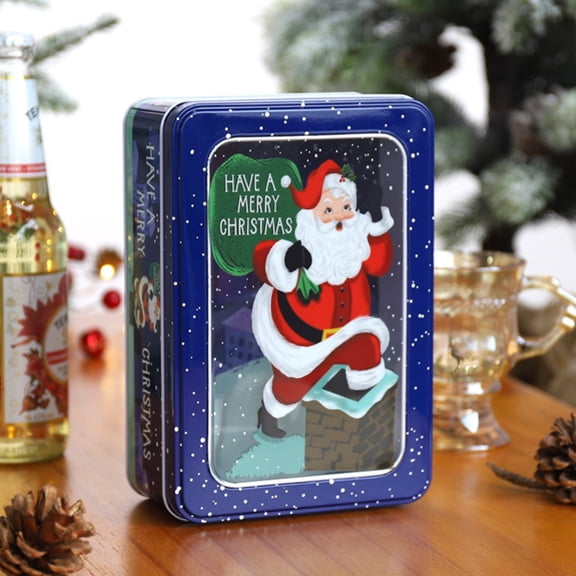 Christmas Candy Tin Box Cookie Storage Container with Lid Roof Old Man Design Rectangle Metal Tin for Holiday Gift Giving