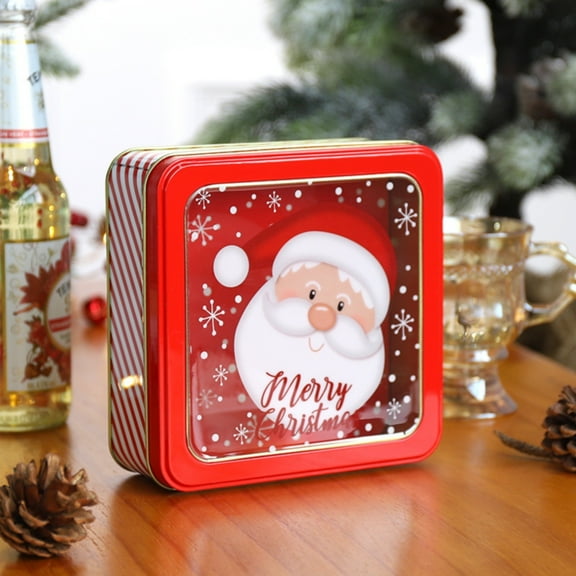 Christmas Candy Tin Box, New Santa Design Cookie and Candy Storage Container with Lid, Square Shape, Holiday Confectionery Holder and Gift