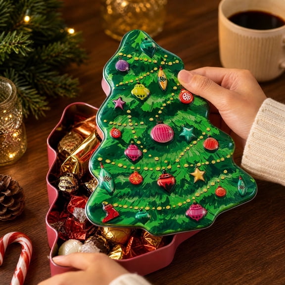 Christmas Candy Tin in Green, Decorative Metal Storage Jar for Cookies and Treats, Festive Xmas Container for Holiday Party and Kitchen Counter