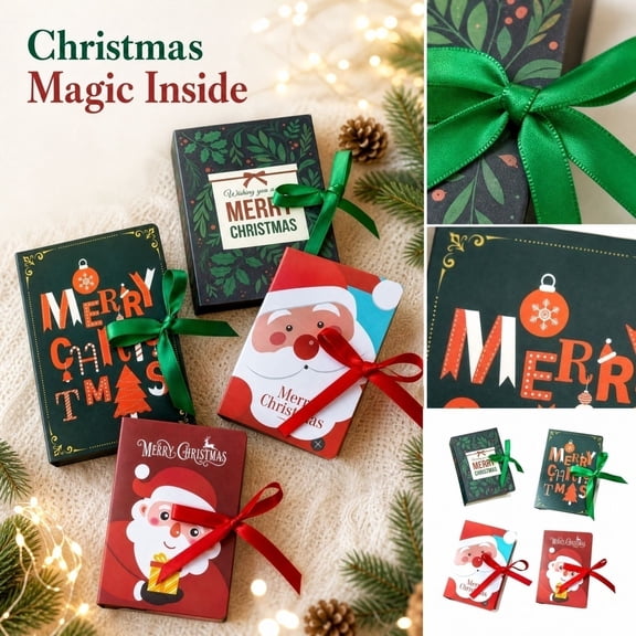 Christmas Candy Treat Box, Christmas Gift Card Book, Candy Boxes Party Favors, Green Party Favors, 5X3.5X2 in Creative Magic Book Style Paper Container with Green Satin Ribbon,