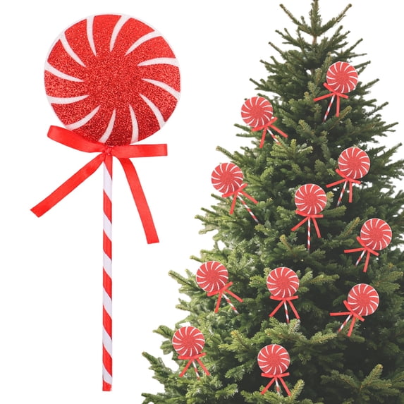 Christmas Candy Tree Picks with Ribbon Christmas Decorations Glitter Lollipop Candy Canes Ornaments for Xmas Tree Topper Home Vase Party Ornaments