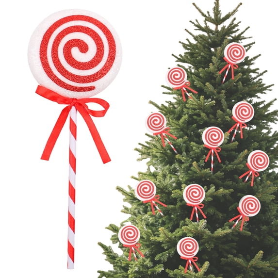 Christmas Candy Tree Picks with Ribbon Christmas Decorations Glitter Lollipop Candy Canes Ornaments for Xmas Tree Topper Home Vase Party Ornaments