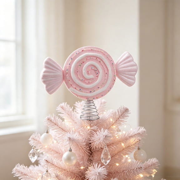 Christmas Candy Tree Topper, Glitter Beaded Ornament, Sweet Xmas Holiday Decor, Fits Trees with Spring Base and Adds Playful Sweet Aesthetic for Tree Top, Mantel Shelf, and Table Centerpiece.