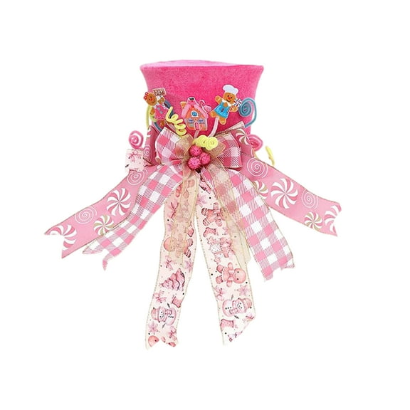 Christmas Candy Tree Topper Hat with Bows Ornament Winter Holiday Home Decoration Xmas Festive Gift Ideas Supplies Pink Christmas Tree Ornaments
