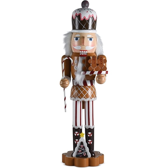 Christmas Candyland Gingerbread Nutcracker Wooden Nutcracker Candy Man with Candy Cane and Gingerbread Cookies in Hand Xmas Themed Holiday Nut Cracker Doll Figure Decorations