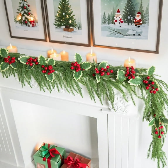 Christmas Cane Decor, Simulation Pine Garland with Red Berries, 70.5 Inch Faux Norfolk Pine, for Staircase Banister, Holiday Mantel, and Front Door Decorations, Red and Green, By FAJHHA