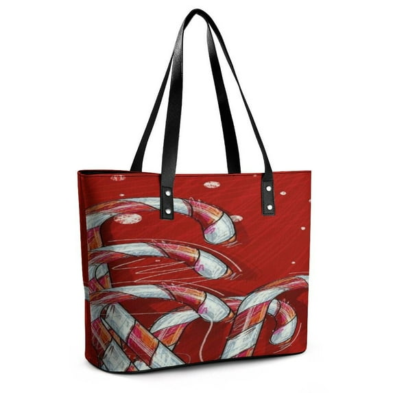 Christmas Cane Red And White Woman Leather Handbags Large Tote Bag Fashion Portable Handbags With Zipper