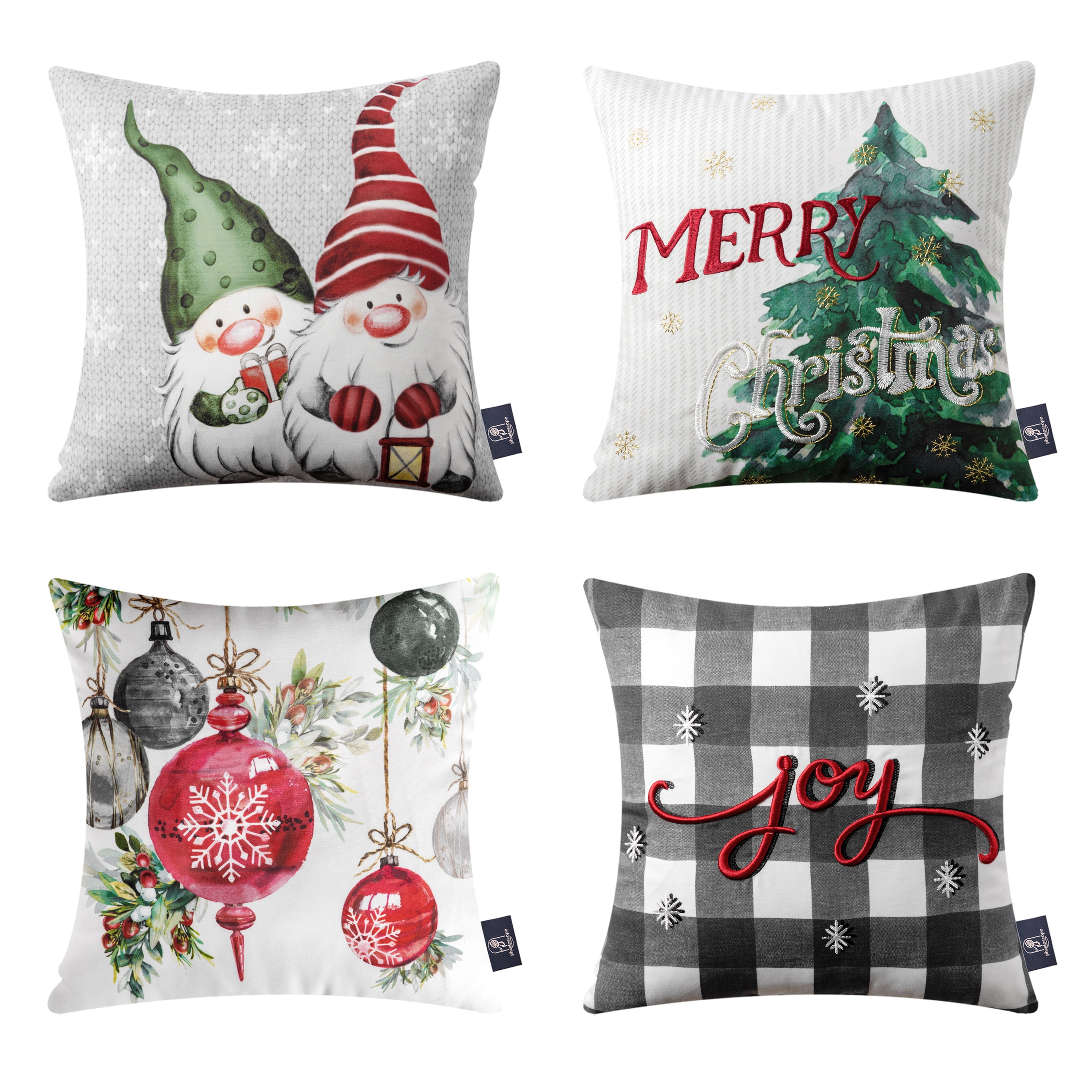 Christmas Canvas Embroidered Decorative Pillow Covers, Holiday Series Throw Pillow, Red, 18" x 18", Set of 4