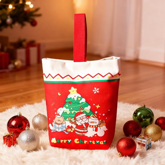 Christmas Canvas Gift Bags - Reusable Durable Tote with Festive Santa, Snowman & Tree Designs - Gift Packaging for Treats, Small Gifts, and Party Favors - 2 Pack