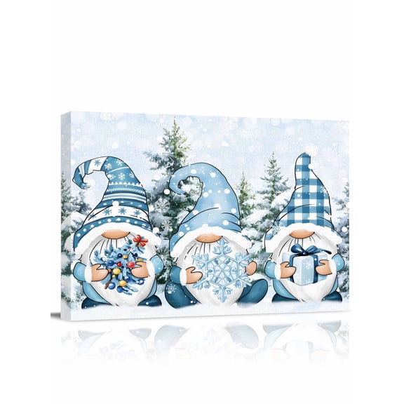 Christmas Canvas Print Wall Art Blue Plaid Xmas Gnome Pine Tree Box Snowflakes Pictures Painting Morden Artwork for Living Room Bedroom, Ready to Hang - 12"x16"