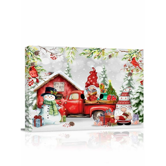 Christmas Canvas Print Wall Art Framed Canvas Art Wall Decor Christmas Truck Snowman Dwarf Present Cardinal Pictures Painting Morden Artwork for Living Room Bedroom, Ready to Hang - 12"x16"