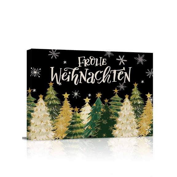 Christmas Canvas Print Wall Art Framed Canvas Art Wall Decor Green Xmas Tree Snowing Frohe Weihnachten Black Pictures Painting Morden Artwork for Living Room Bedroom, Ready to Hang - 12"x16"