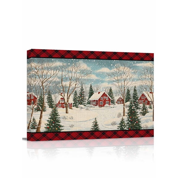 Christmas Canvas Print Wall Art Framed Canvas Art Wall Decor Winter Country House Holly Snow Red Stripes Pictures Painting Morden Artwork for Living Room Bedroom, Ready to Hang - 12"x16"