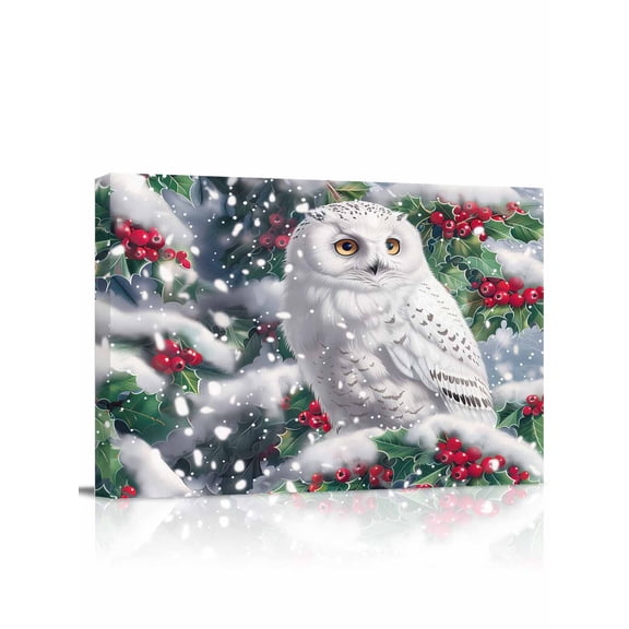 Christmas Canvas Print Wall Art Framed Canvas Art Wall Decor Winter Snow Owl Berries Evergreen Leaves Pictures Painting Morden Artwork for Living Room Bedroom, Ready to Hang - 12"x16"