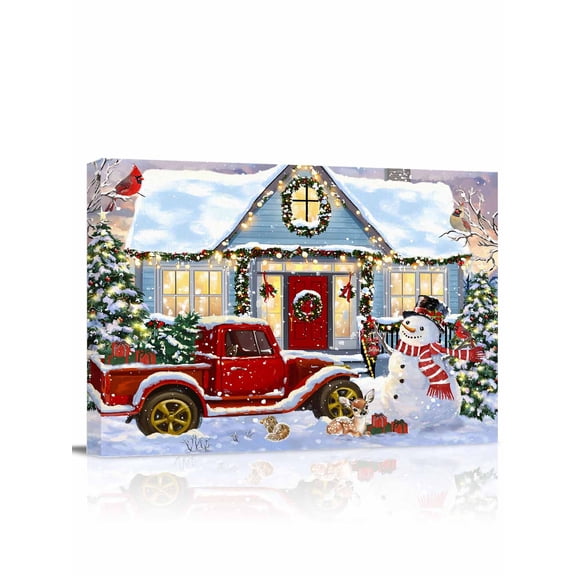 Christmas Canvas Print Wall Art Snowman Truck Bird Pine Tree House Winter Snow Scene Pictures Painting Morden Artwork for Living Room Bedroom, Ready to Hang - 12"x16"