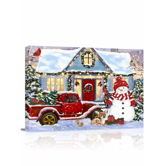 Christmas Canvas Print Wall Art Winter Snowman Truck Bird Pine Tree House Snow Scene Pictures Painting Morden Artwork for Living Room Bedroom, Ready to Hang - 12"x16"
