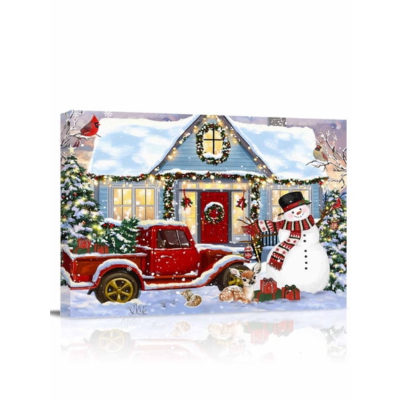 Christmas Canvas Print Wall Art Xmas Snowman Truck Bird Pine Tree House Snow Scene Pictures Painting Morden Artwork for Living Room Bedroom, Ready to Hang - 12"x16"