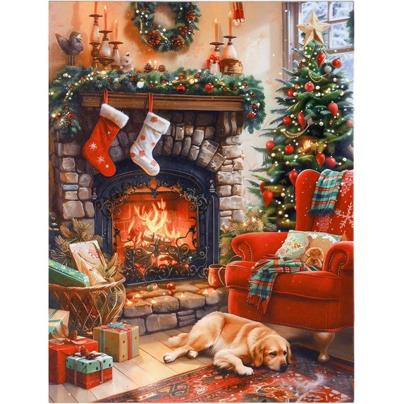 Christmas Canvas Prints Wall Art, Snowy Scene Picture for Holiday Decor, Painting Fireplace Christmas Tree Canvas Printing for for Living Room, Bedroom, 16'' x 12''