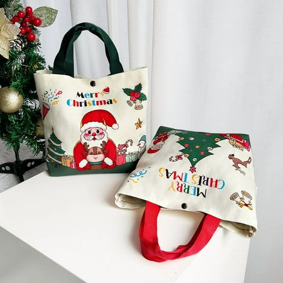 Taicans Christmas Canvas Tote Bags,Reusable Merry Xmas Gift Bags for Candy & Apples,Holiday Handheld Sack with Sturdy Canvas for Christmas Eve Traditions & Sustainable Gift Wrapping,12.5x14.5in
