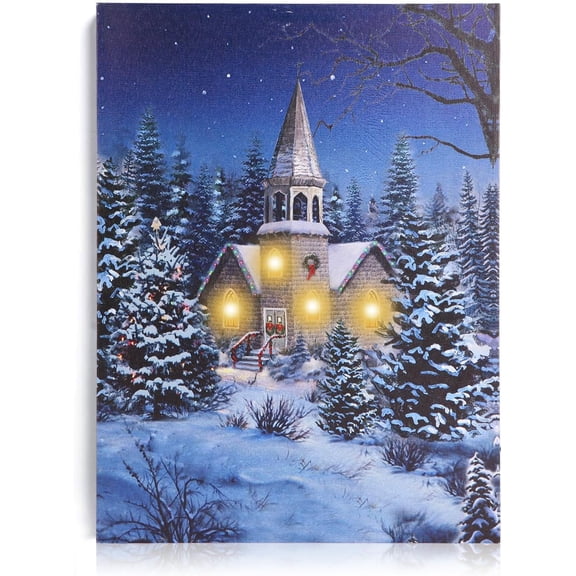Christmas Canvas Wall Art 16" x 12" - Lighted Up Castle in Snow Print LED Xmas Wall Art Prints for Holiday Decor