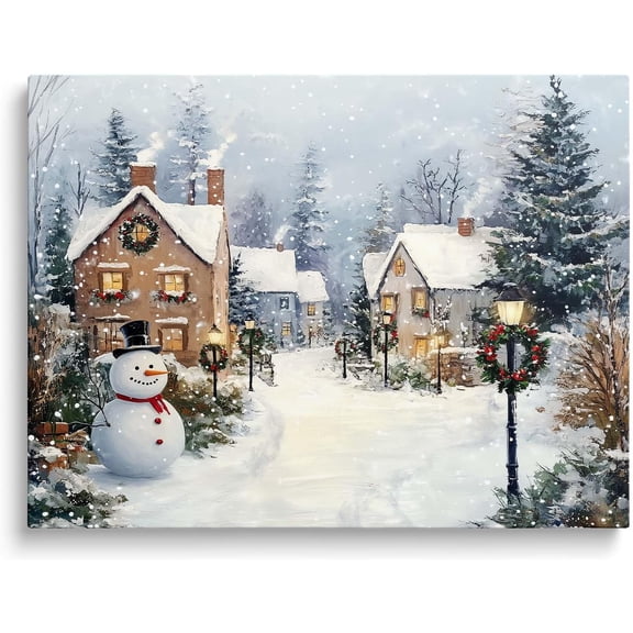 Christmas Canvas Wall Art Decor with Chimneys, Smoke, Street Lamps with Wreaths, Snowmen and Snow Piles, Festive Canvas Print for Room, Holiday-Themed Fixed Canvas for Winter Home Décor,8x10 inch