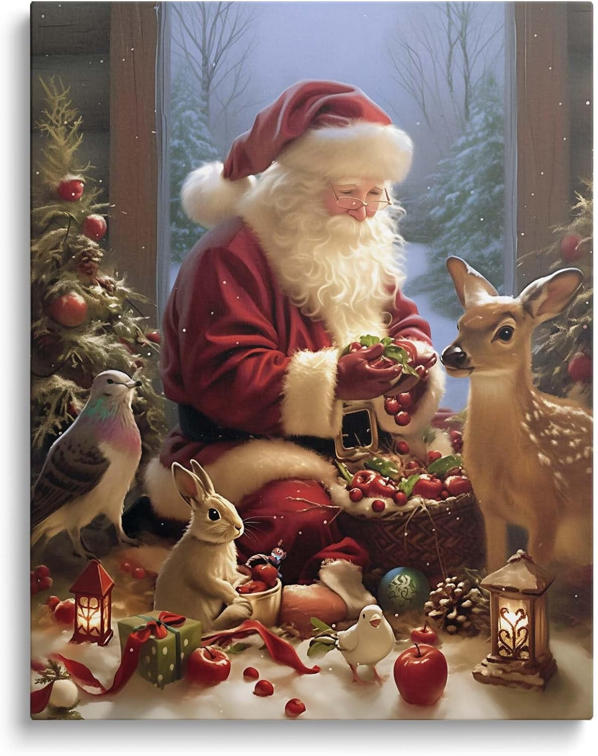 Christmas Canvas Wall Art Decor with Santa Claus, Basket of Apples, Window, Rabbit and Deer, Festive Canvas Print for Living Room?Holiday-Themed Fixed Canvas for Christmas Home Décor,20X24 inch