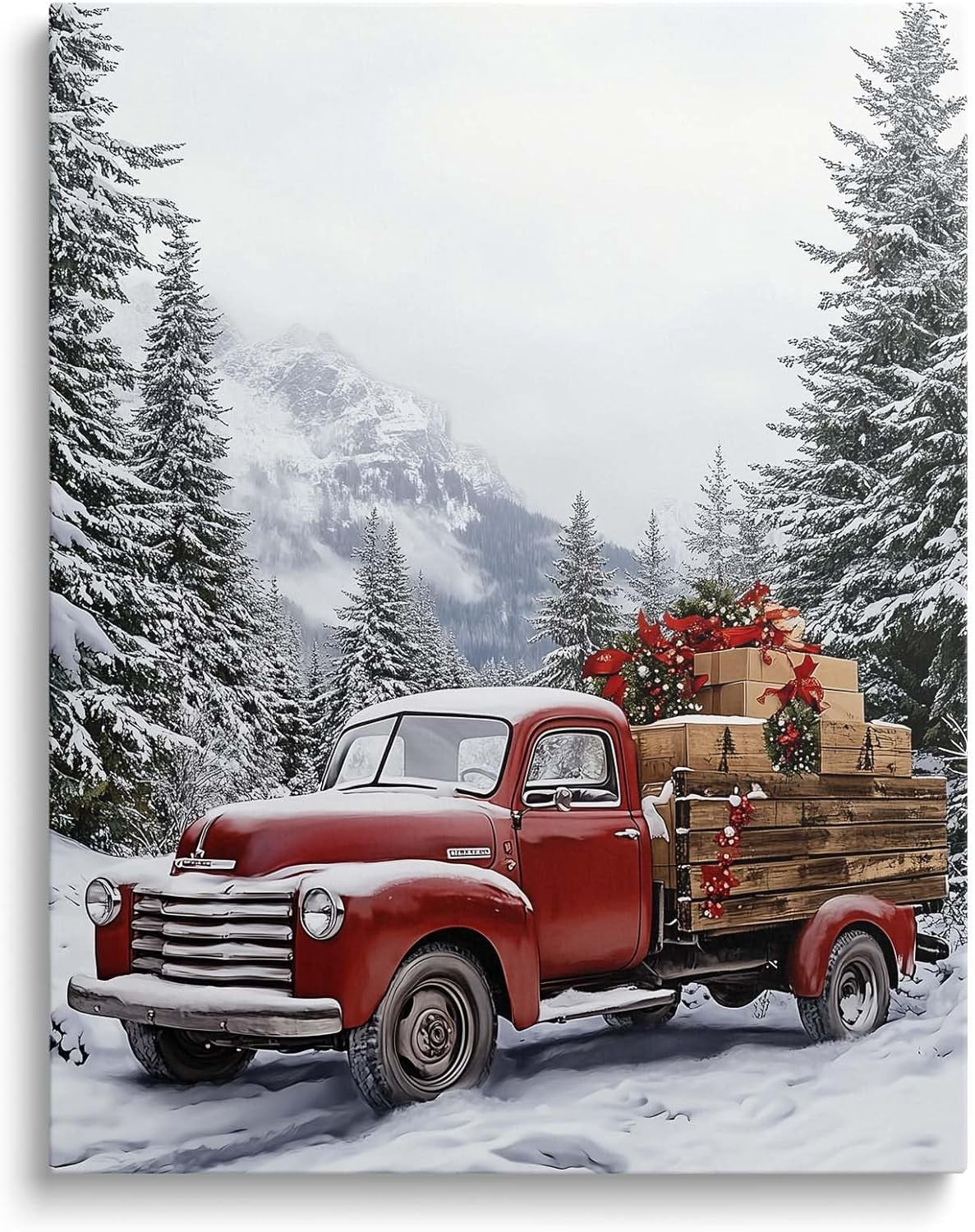 Christmas Canvas Wall Art Decor with Truck on Snowy Road, Gifts and Snow-Covered Pines, Holiday Canvas Print for Living Room and Bedroom, Festive Fixed Canvas for Winter Home Décor,24X30inch