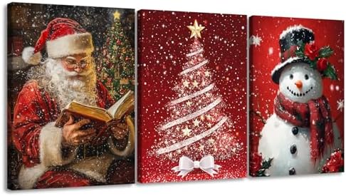Christmas Canvas Wall Art – Set of 3 Framed 20x28in Snowman Santa Claus ...