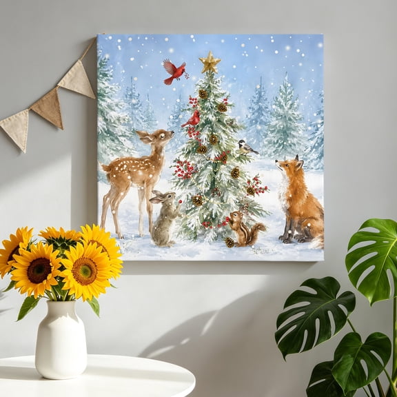 Christmas Canvas Wall Art, Winter Fawn Rabbit Chipmunk Decorated Pine Tree Pictures Wall Decor Wooden Framed Artwork Art Prints for Living Room Hallway Bedroom Office 8"x8"