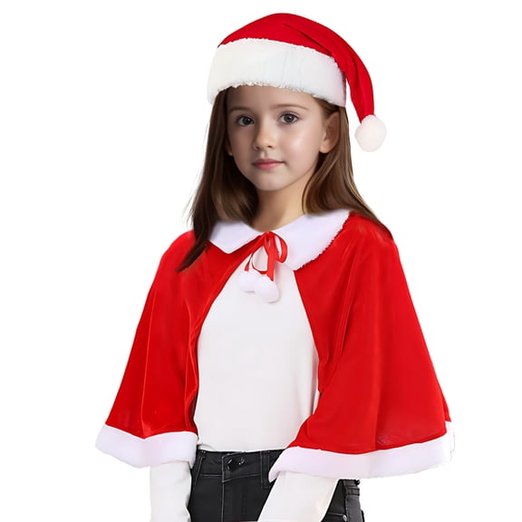 Christmas Cape with Santa Hat, Hooded Short Cloak for Kids Adults Xmas Party Cosplay Costume