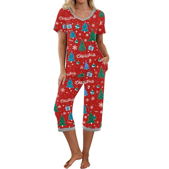 Christmas Capri Pajamas Set Womens 2 Piece Lounge Set Short Sleeve Pjs Joggers Pants Holiday Sleepwear with Pockets