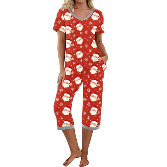 Christmas Capri Pajamas Set Womens 2 Piece Lounge Set Short Sleeve Pjs Joggers Pants Holiday Sleepwear with Pockets