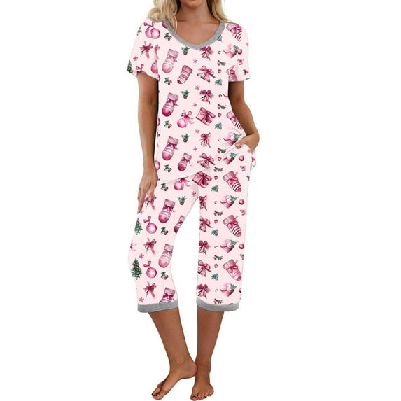 Christmas Capri Pajamas Set Womens 2 Piece Lounge Set Short Sleeve Pjs Joggers Pants Holiday Sleepwear with Pockets