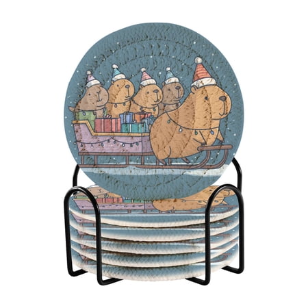Christmas Capybara Family Riding Sleigh Drinking Coasters Cup Mat with Holder for Kitchen Cafe Bar 6 Packs