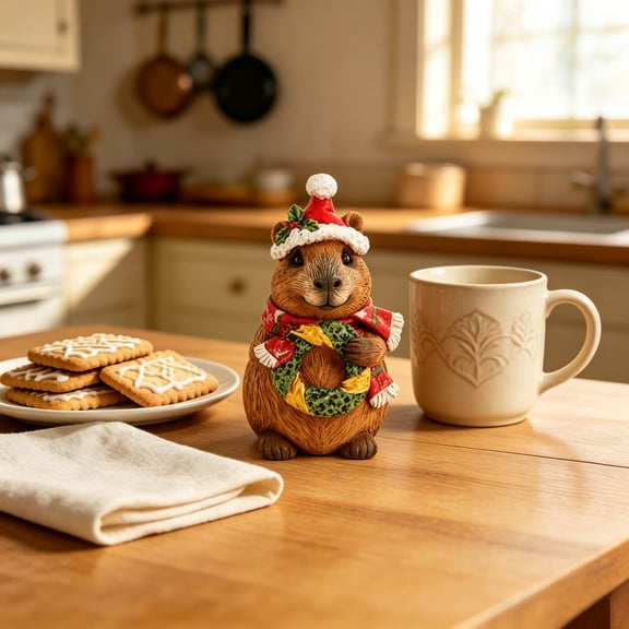 Christmas Capybara Figurine Festive Desktop Animal Ornament with Holiday Hat & Scarf Whimsical Winter Animal Statue for Shelf Mantel Tabletop Indoor Xmas Seasonal Home Decoration