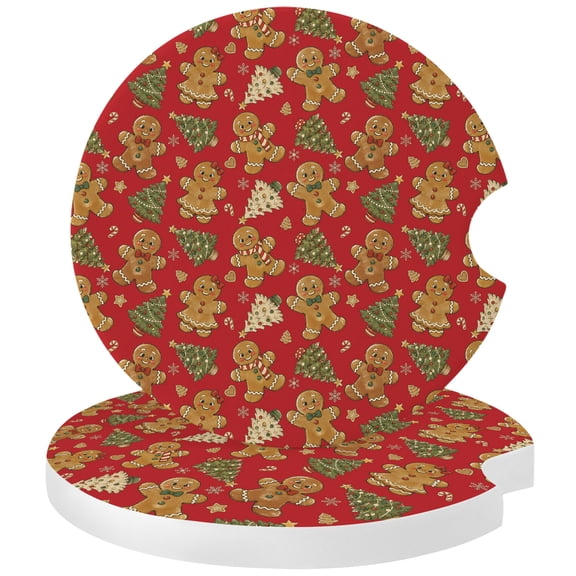 Christmas Car Coasters for Cup Holders Set of 2 Absorbent, 2.56" Ceramic Stone Drinks Cupholder Coasters with Finger Notch Red Xmas Pine Tree Winter Snowflakes Auto Interior Accessories for Women