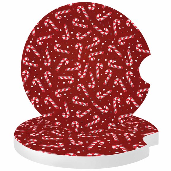 Christmas Car Coasters for Cup Holders Set of 2 Absorbent, 2.56" Ceramic Stone Drinks Cupholder Coasters with Finger Notch Winter Canes Snow Dots Red Rustic Auto Interior Accessories for Women