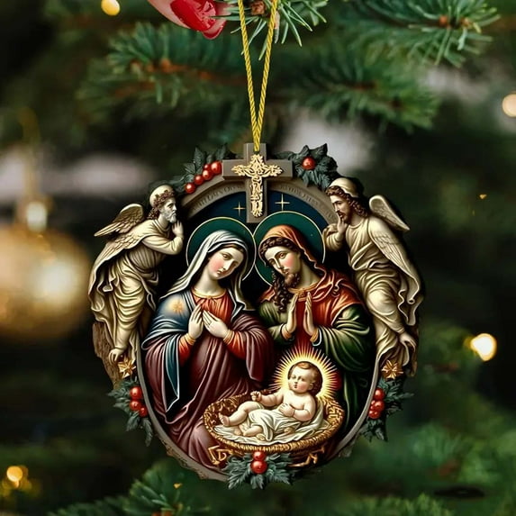 Christmas Car Pendant for Rearview Mirror Acrylic Nativity Scene Ornament Religious Christian Christmas Decor Hanging Car Accessory for Vehicle Auto Truck SUV Xmas Tree Decor Gift