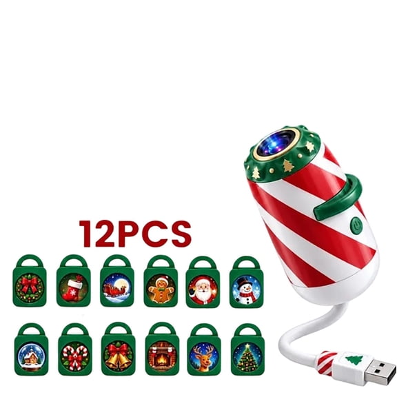Christmas Car Projector Light with 12 Projection Films, 1 Projector and 12 Films, USB Powered Merry Ride Design for Parked Car and Holiday Party Decoration