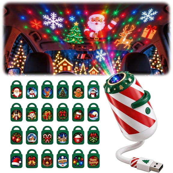 Christmas Car Projector Light, Jolly Cast Projector, Festive 24 Patterns Holiday Projection Lamp, Merry Ride Christmas Car Projector Light, Car Window Interior Decor