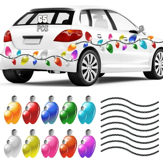 Christmas Car Refrigerator Decorations 65 Pcs, 40 Reflective Bulb Light Shaped Magnets 25 Magnetic Wires Ornaments Set Xmas Holiday Cute Decor