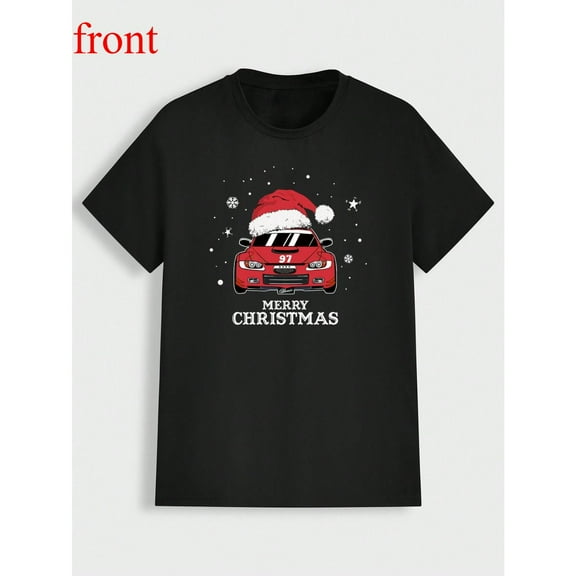Christmas Car Tee T Shirt Graphic Tees Tops Santa Hat Fun Design Regular Fit Short Sleeve Round Neck Black S-5XL