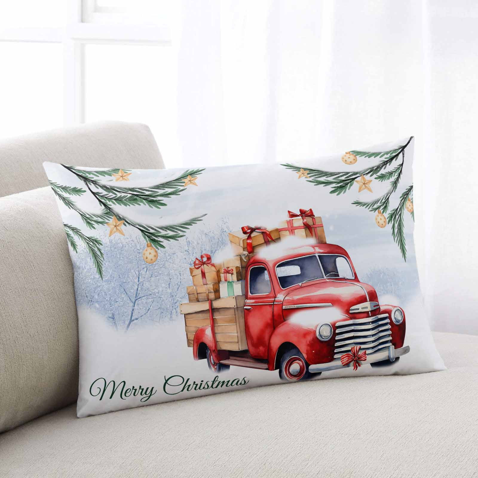 Christmas Car Throw Pillow Cover,Winter Green Pine Trees Star Ball