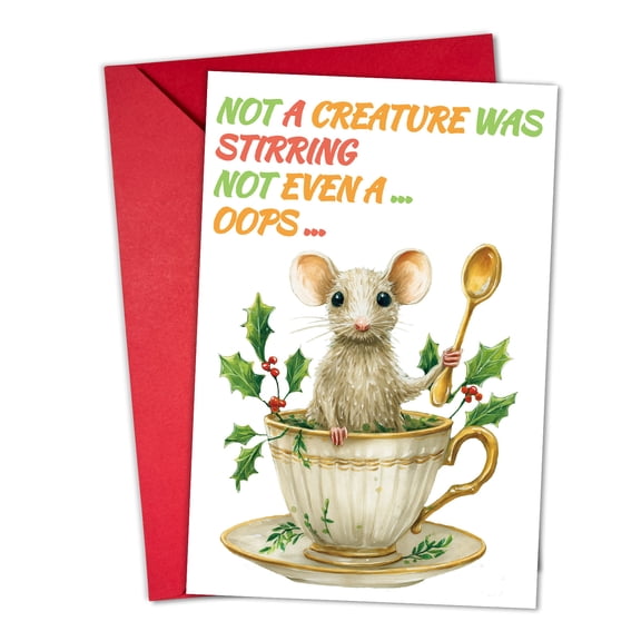Christmas Card with Adorable Mouse in Teacup  "Not a Creature Was Stirring"  Includes Envelope, Blank Inside  Perfect Holiday Greeting Card for Friends and Family