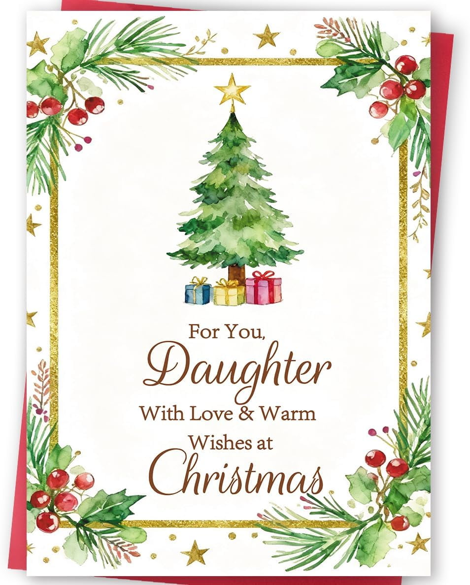 Christmas Card For Daughter. Girl With Gift Design. Verse Inside - View #7