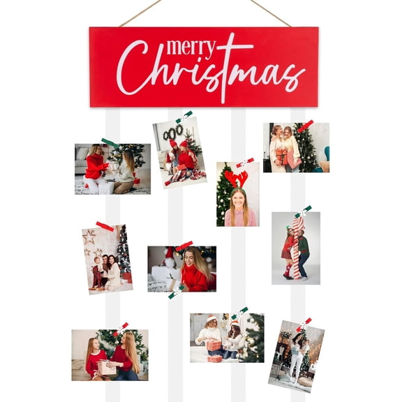 Christmas Card Holder Farmhouse Merry Christmas Photo Display Xmas Wooden Wall Hanging Sign with 24 Clips for DIY Rustic Picture Frames Collage Holiday Home Decor Indoor Decoration (Red)