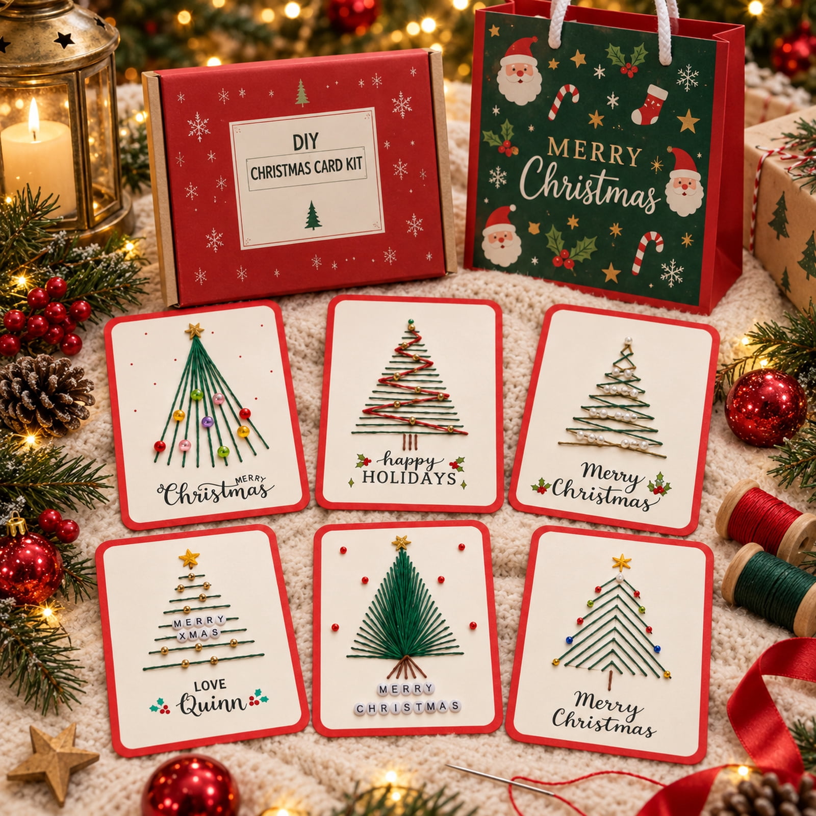 String Candy Kit Christmas Card Making Kit, Merry & Bright DIY String Art Cards with Pre ...