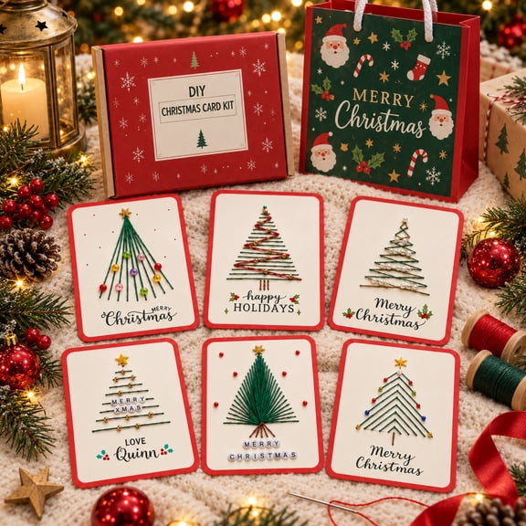 Christmas Card Making Kit, Merry & Bright DIY String Art Cards with Pre-Punched Designs, Colorful Thread and Needles for Festive Gift