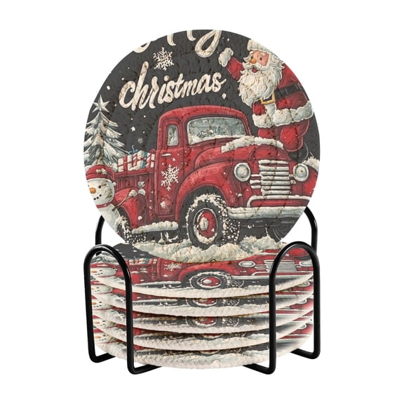 Christmas Card Snow Drink Coasters with Holder Absorbent Coaster for Coffee Table Room Decor 6 Pack